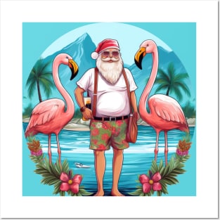 christmas in july santa at the lake with flamingos Posters and Art